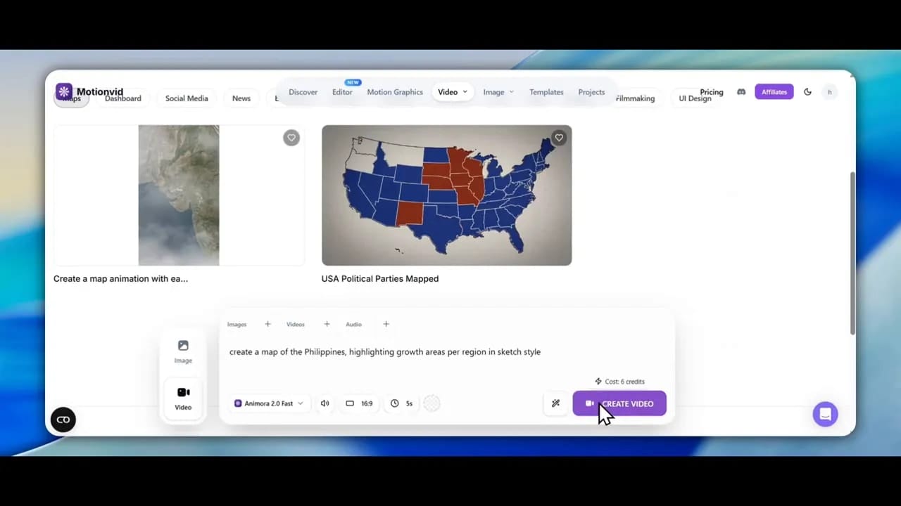 Map generation workspace showing USA map preview, prompt area, and create video button