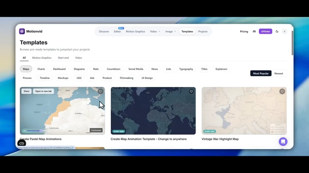Template gallery showing map animation templates and categories