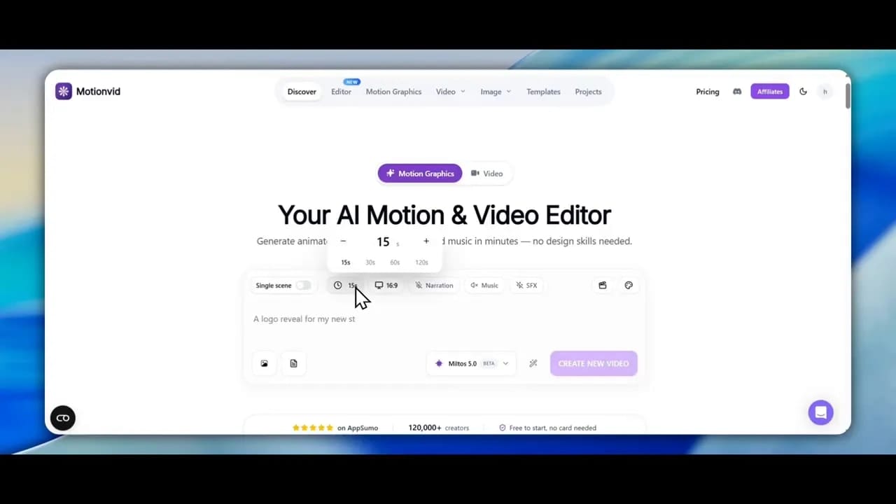 Motionvid interface showing duration controls and generation settings