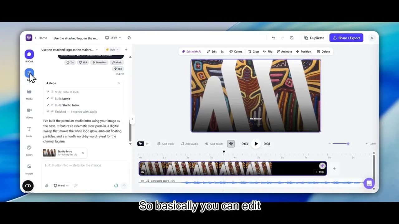 Motionvid editor with left sidebar controls and video preview timeline