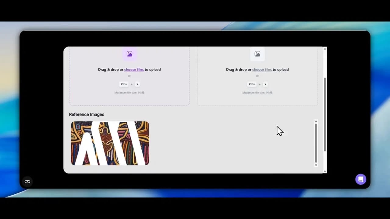 Upload screen with reference image section and imported logo thumbnails